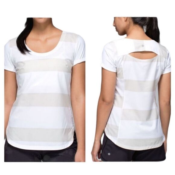 LULULEMON LIGHTENED UP SHORT SLEEVE STRIPE TEE CASHEW WHITE/WHITE - Picture 2 of 10